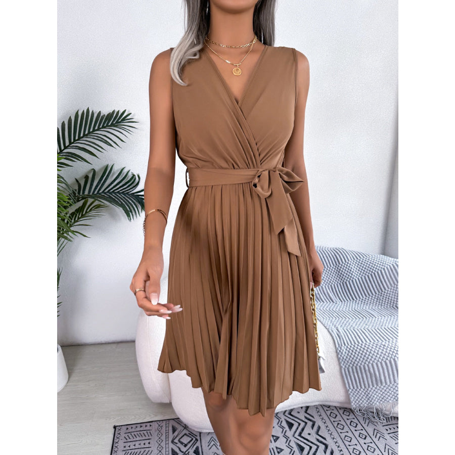 Tied Surplice Sleeveless Pleated Dress Apparel and Accessories