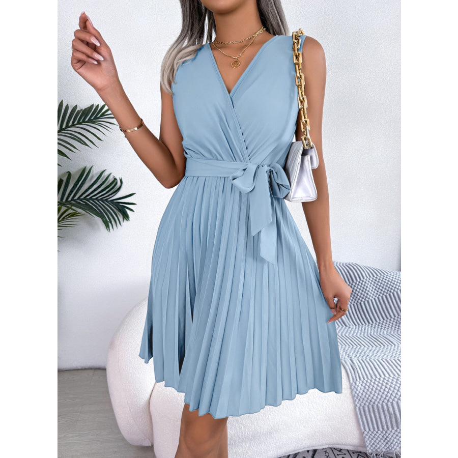 Tied Surplice Sleeveless Pleated Dress Apparel and Accessories