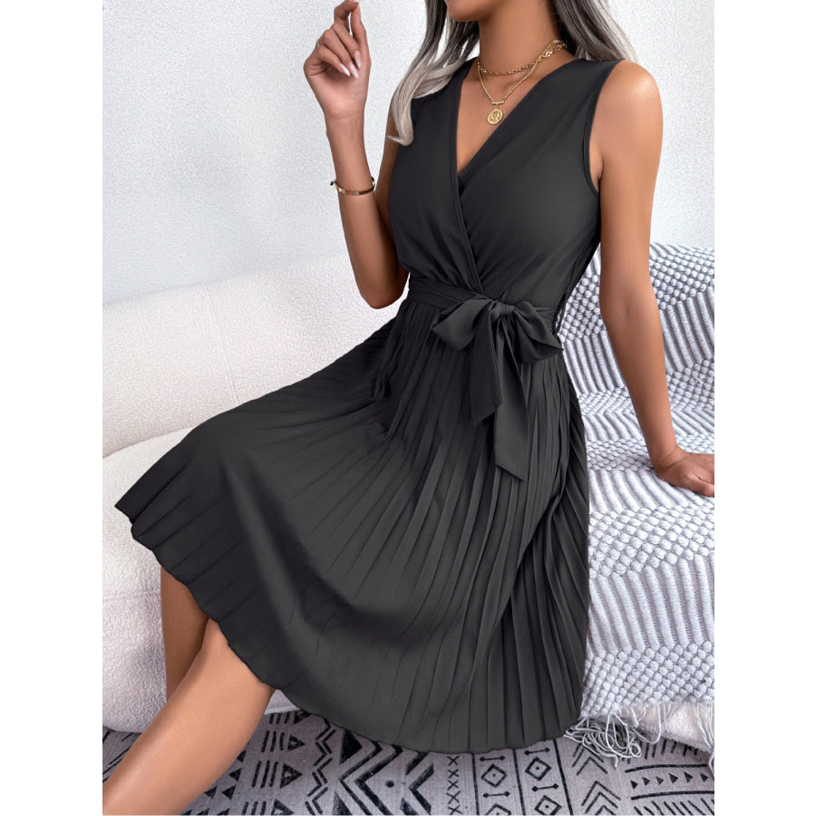 Tied Surplice Sleeveless Pleated Dress Apparel and Accessories