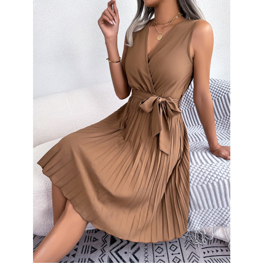 Tied Surplice Sleeveless Pleated Dress Apparel and Accessories