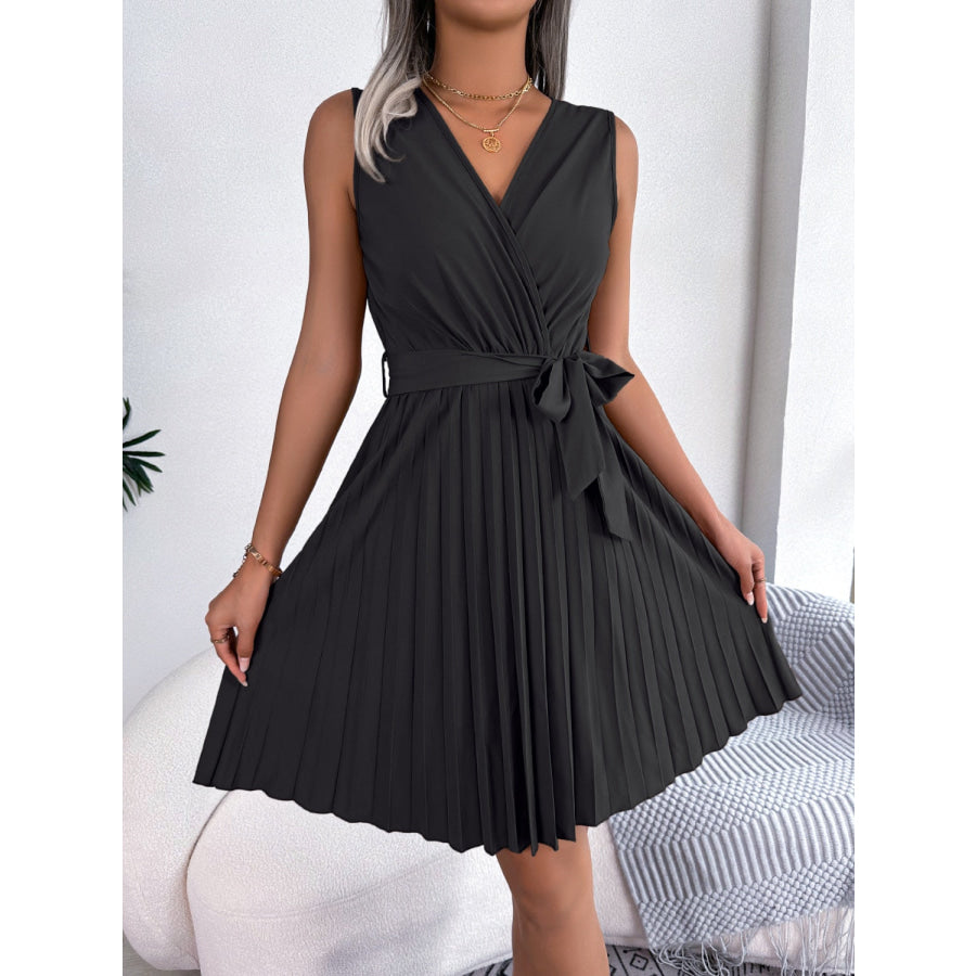 Tied Surplice Sleeveless Pleated Dress Black / S Apparel and Accessories