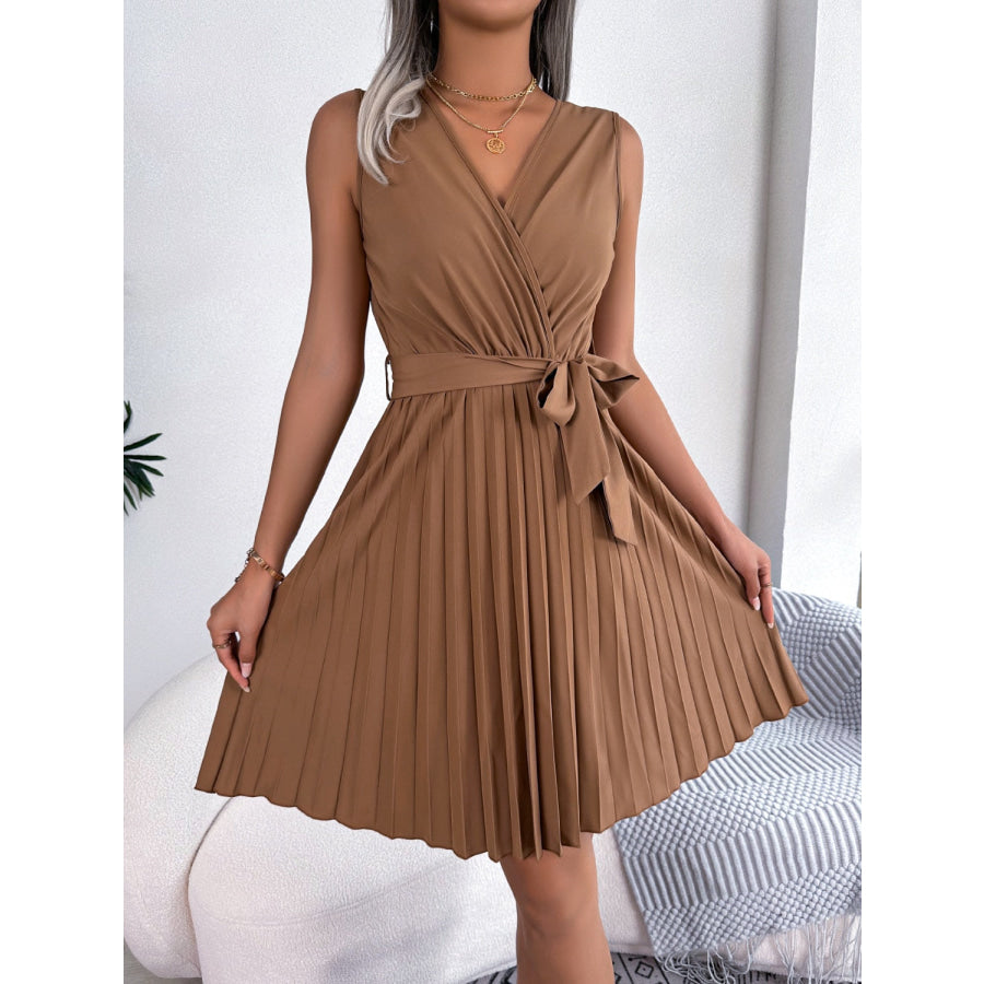 Tied Surplice Sleeveless Pleated Dress Caramel / S Apparel and Accessories