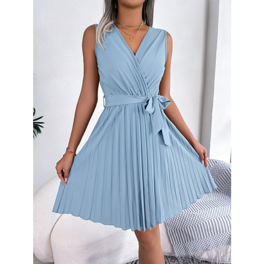 Tied Surplice Sleeveless Pleated Dress Misty Blue / S Apparel and Accessories