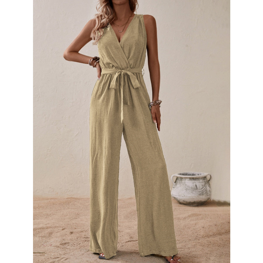 Tied Surplice Sleeveless Wide Leg Jumpsuit Apparel and Accessories