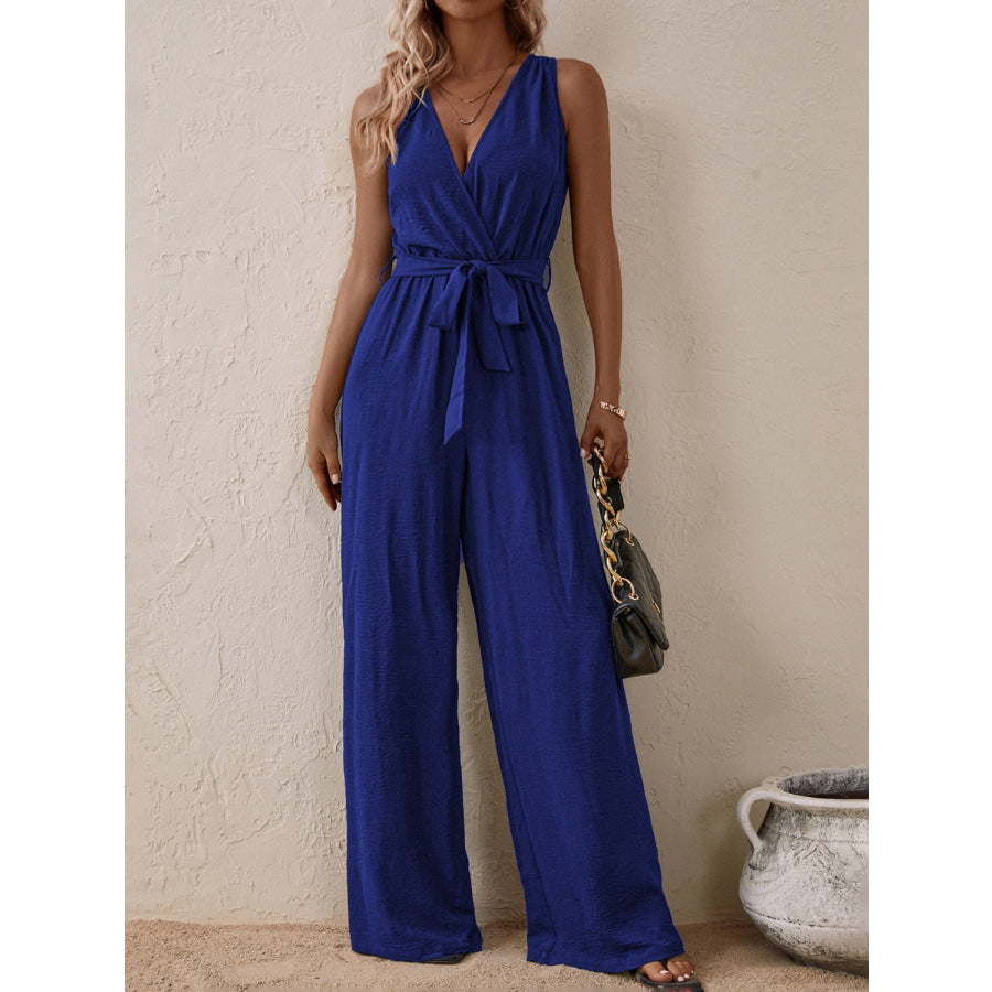 Tied Surplice Sleeveless Wide Leg Jumpsuit Apparel and Accessories