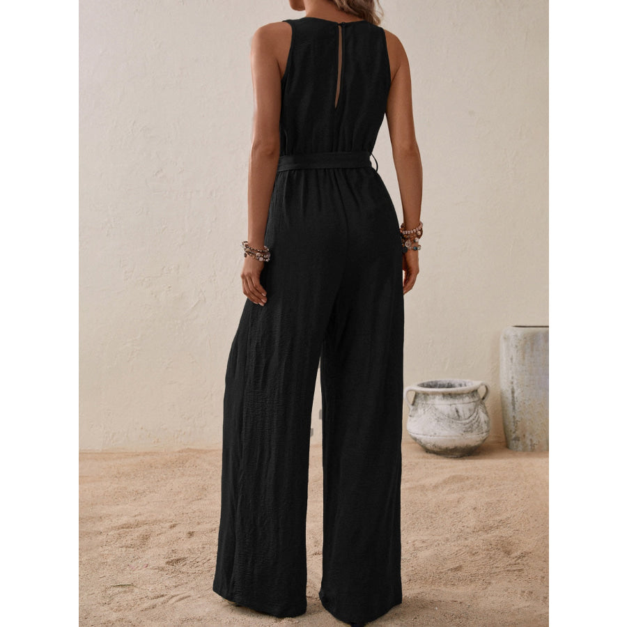 Tied Surplice Sleeveless Wide Leg Jumpsuit Black / S Apparel and Accessories