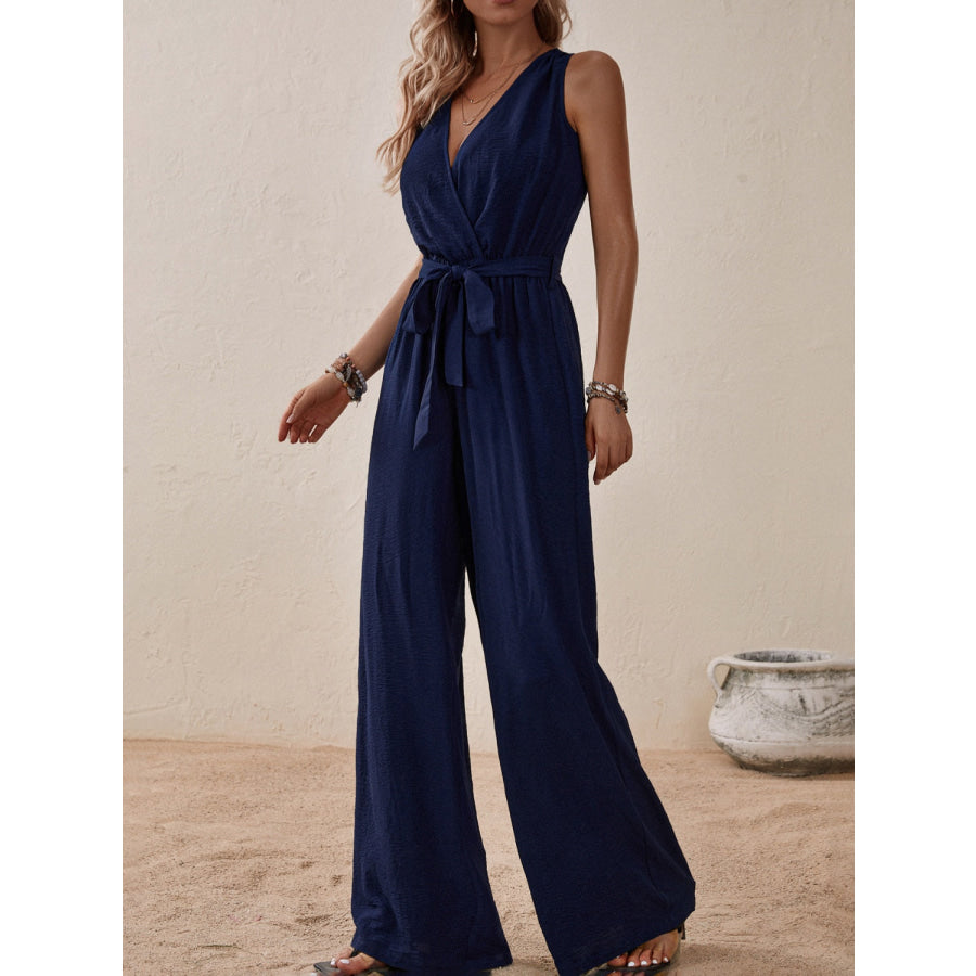 Tied Surplice Sleeveless Wide Leg Jumpsuit Apparel and Accessories