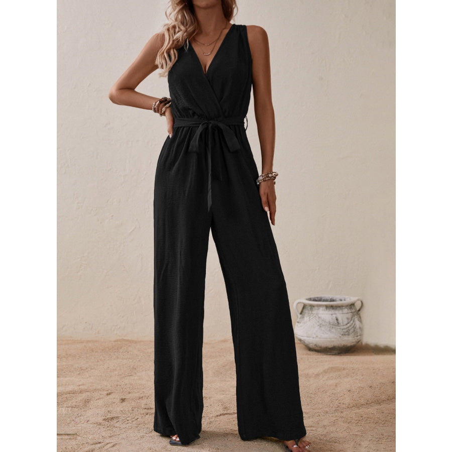 Tied Surplice Sleeveless Wide Leg Jumpsuit Apparel and Accessories