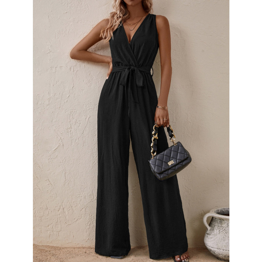 Tied Surplice Sleeveless Wide Leg Jumpsuit Apparel and Accessories