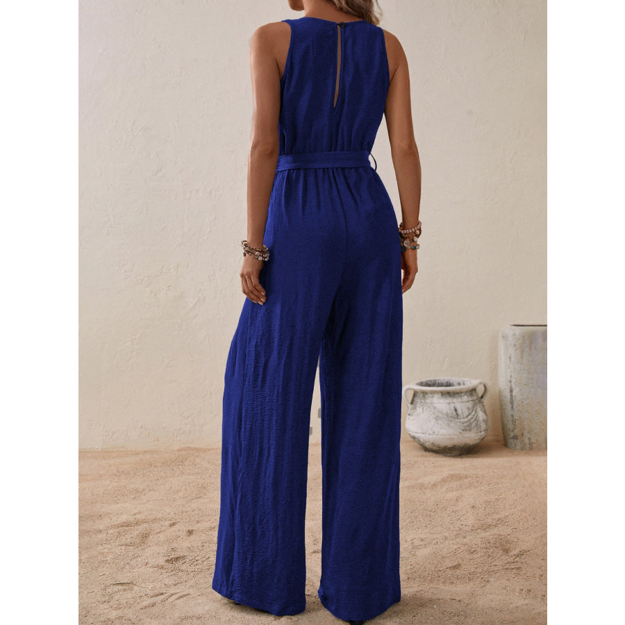 Tied Surplice Sleeveless Wide Leg Jumpsuit Apparel and Accessories