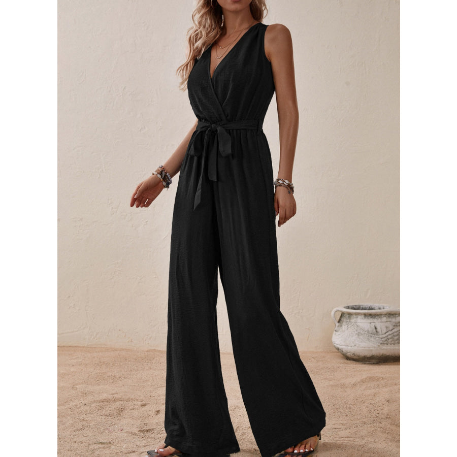 Tied Surplice Sleeveless Wide Leg Jumpsuit Apparel and Accessories