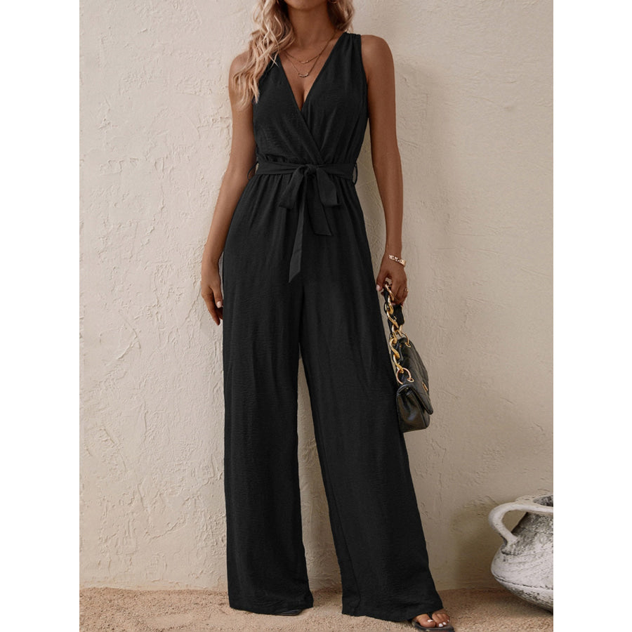 Tied Surplice Sleeveless Wide Leg Jumpsuit Apparel and Accessories