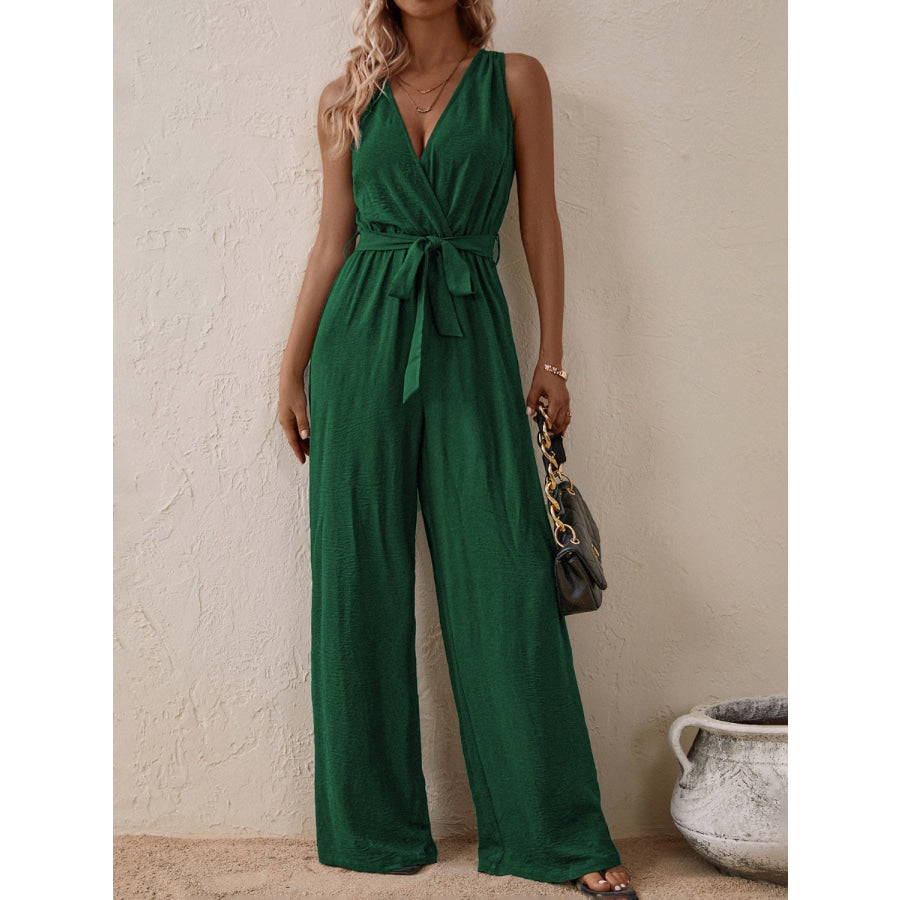 Tied Surplice Sleeveless Wide Leg Jumpsuit Apparel and Accessories