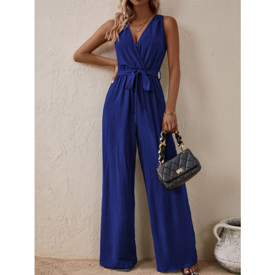Tied Surplice Sleeveless Wide Leg Jumpsuit Apparel and Accessories