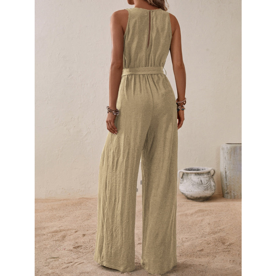 Tied Surplice Sleeveless Wide Leg Jumpsuit Apparel and Accessories