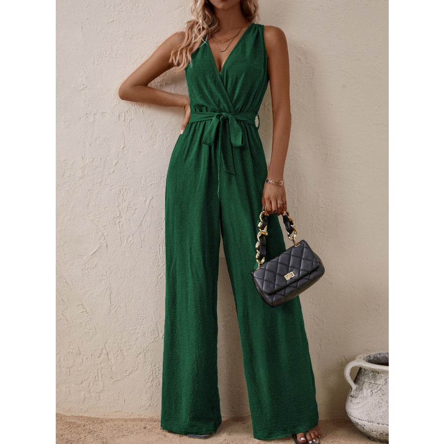 Tied Surplice Sleeveless Wide Leg Jumpsuit Apparel and Accessories