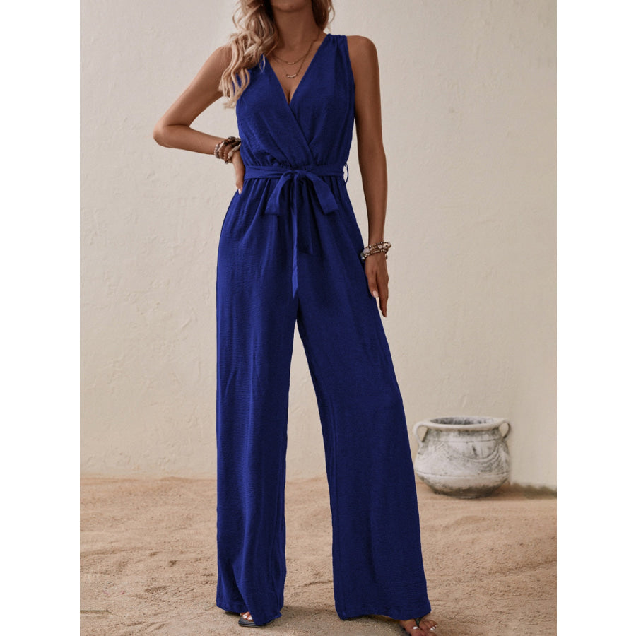 Tied Surplice Sleeveless Wide Leg Jumpsuit Apparel and Accessories
