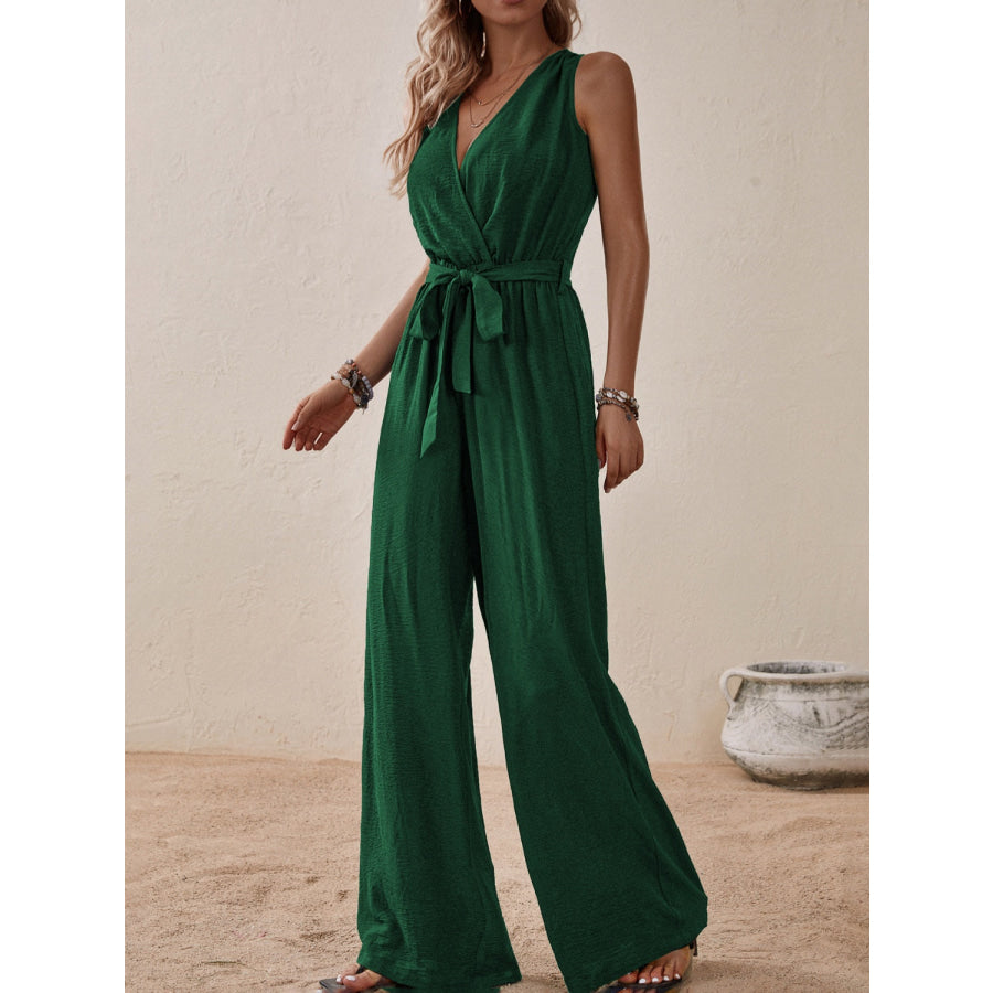 Tied Surplice Sleeveless Wide Leg Jumpsuit Apparel and Accessories