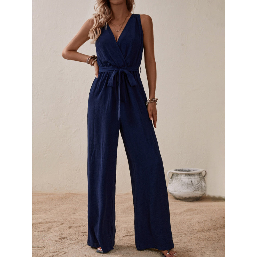 Tied Surplice Sleeveless Wide Leg Jumpsuit Apparel and Accessories
