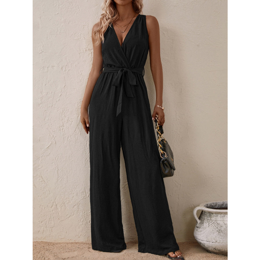 Tied Surplice Sleeveless Wide Leg Jumpsuit Black / S Apparel and Accessories