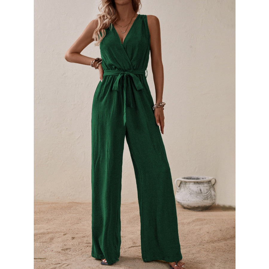 Tied Surplice Sleeveless Wide Leg Jumpsuit Dark Green / S Apparel and Accessories