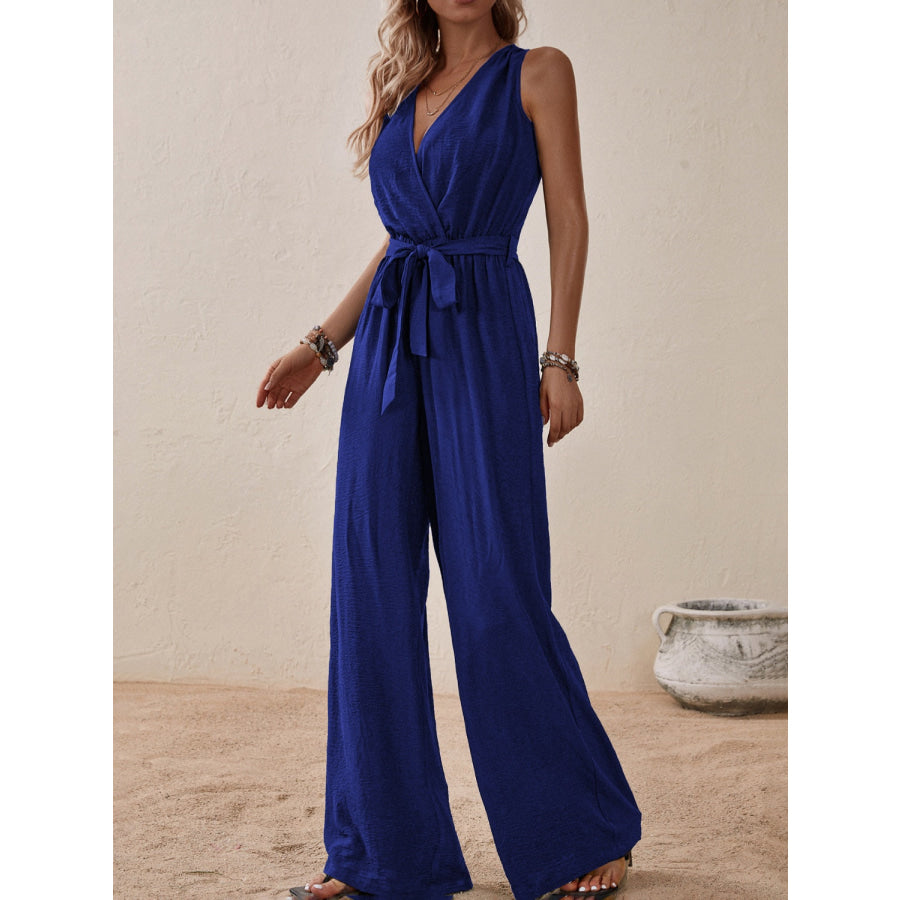 Tied Surplice Sleeveless Wide Leg Jumpsuit Indigo / S Apparel and Accessories