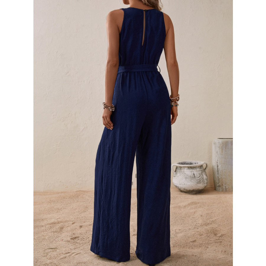Tied Surplice Sleeveless Wide Leg Jumpsuit Navy / S Apparel and Accessories