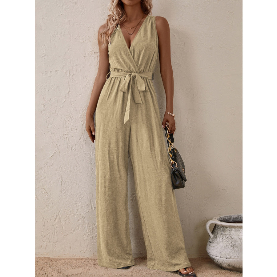 Tied Surplice Sleeveless Wide Leg Jumpsuit Tan / S Apparel and Accessories