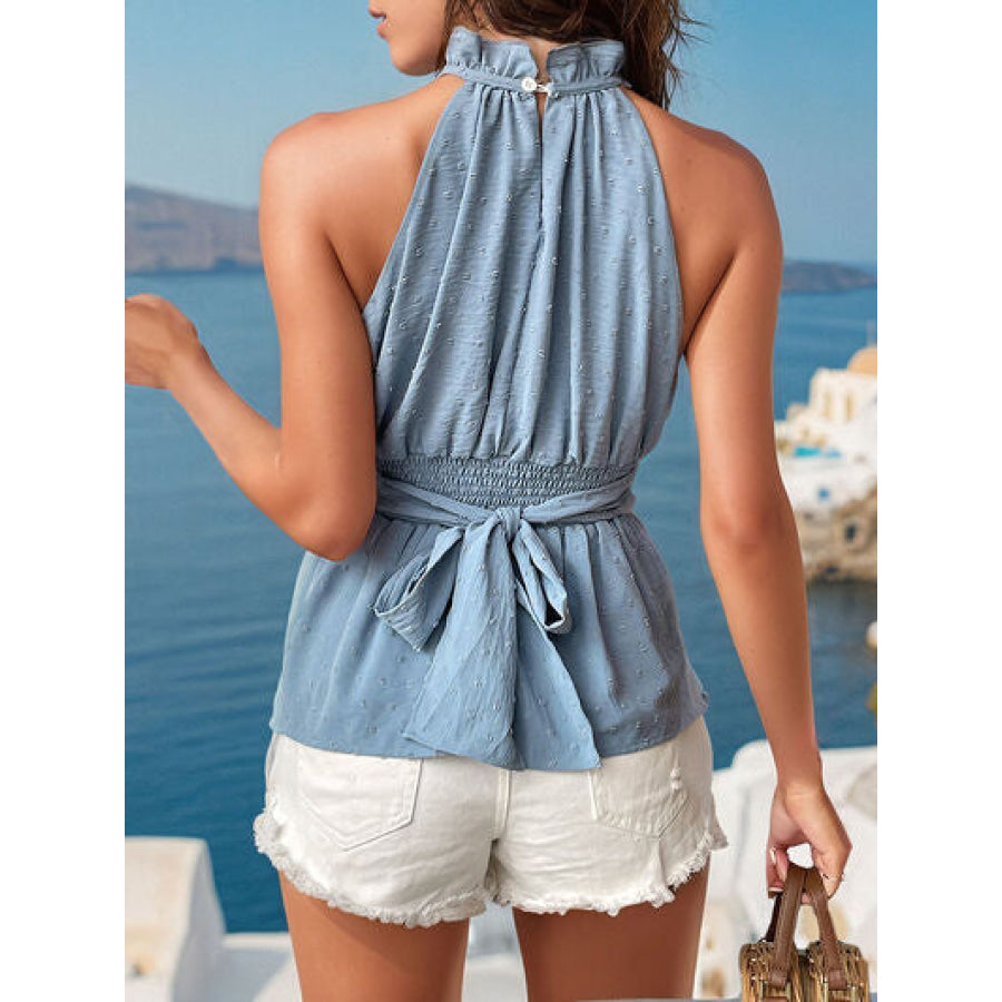 Tied Swiss Dot Mock Neck Tank Misty Blue / S Apparel and Accessories