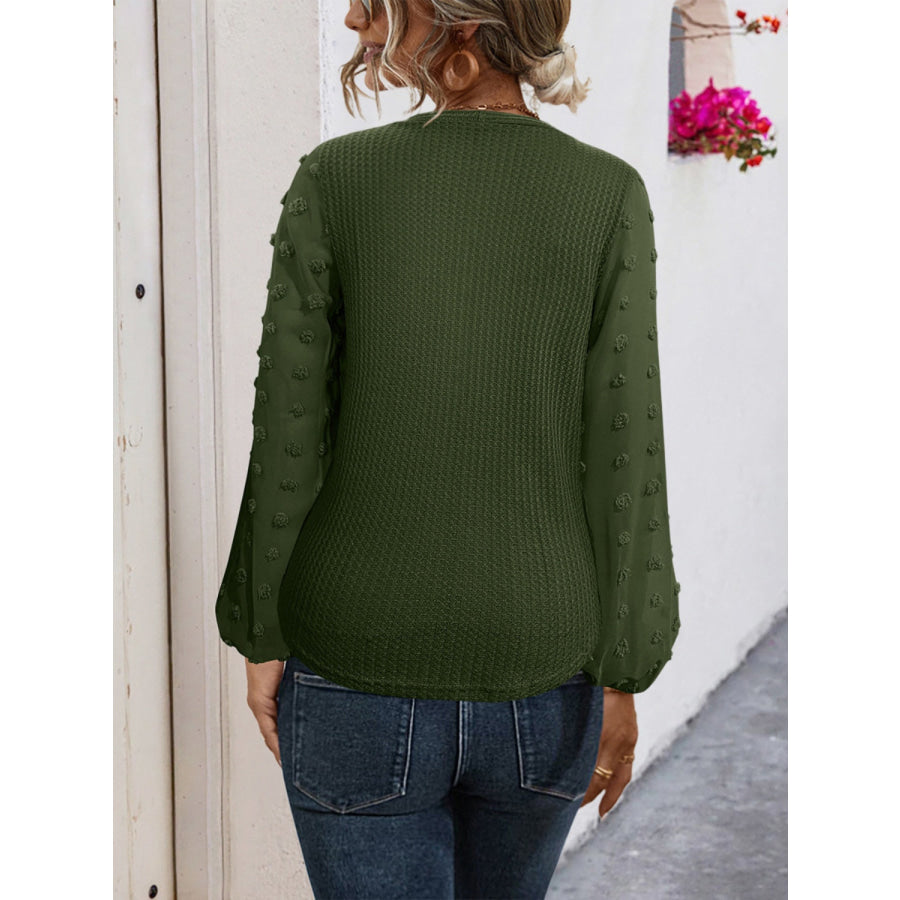 Tied Swiss Dot V-Neck Long Sleeve Blouse Army Green / S Apparel and Accessories