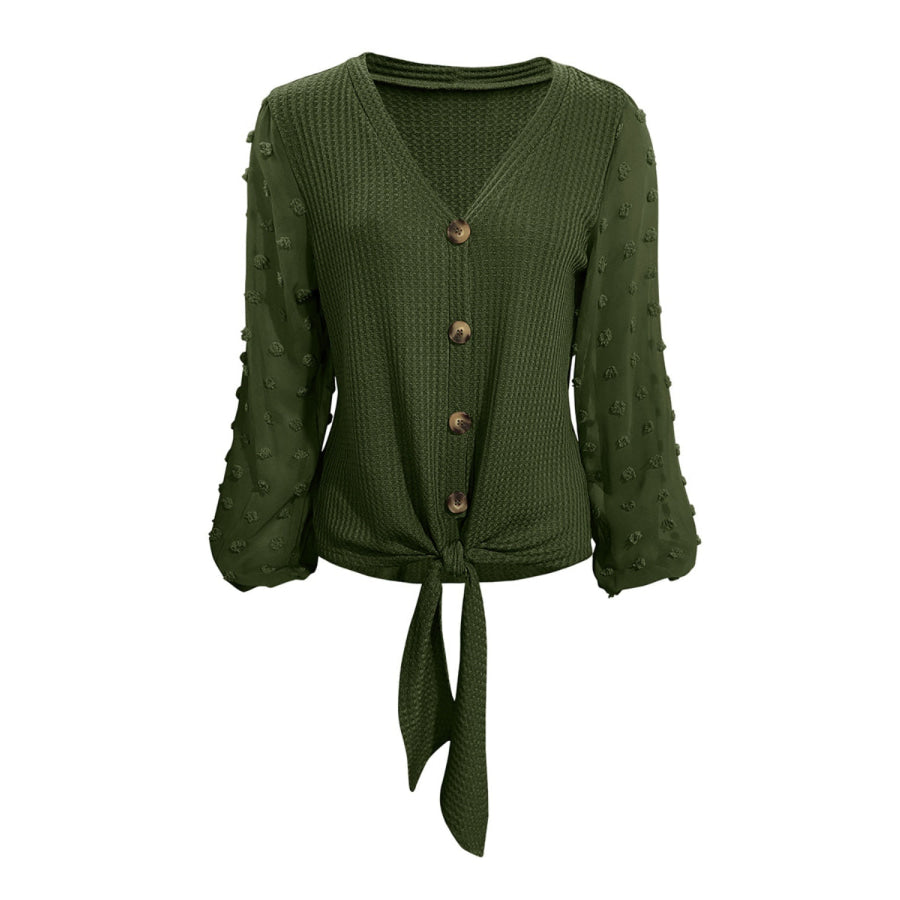 Tied Swiss Dot V-Neck Long Sleeve Blouse Apparel and Accessories