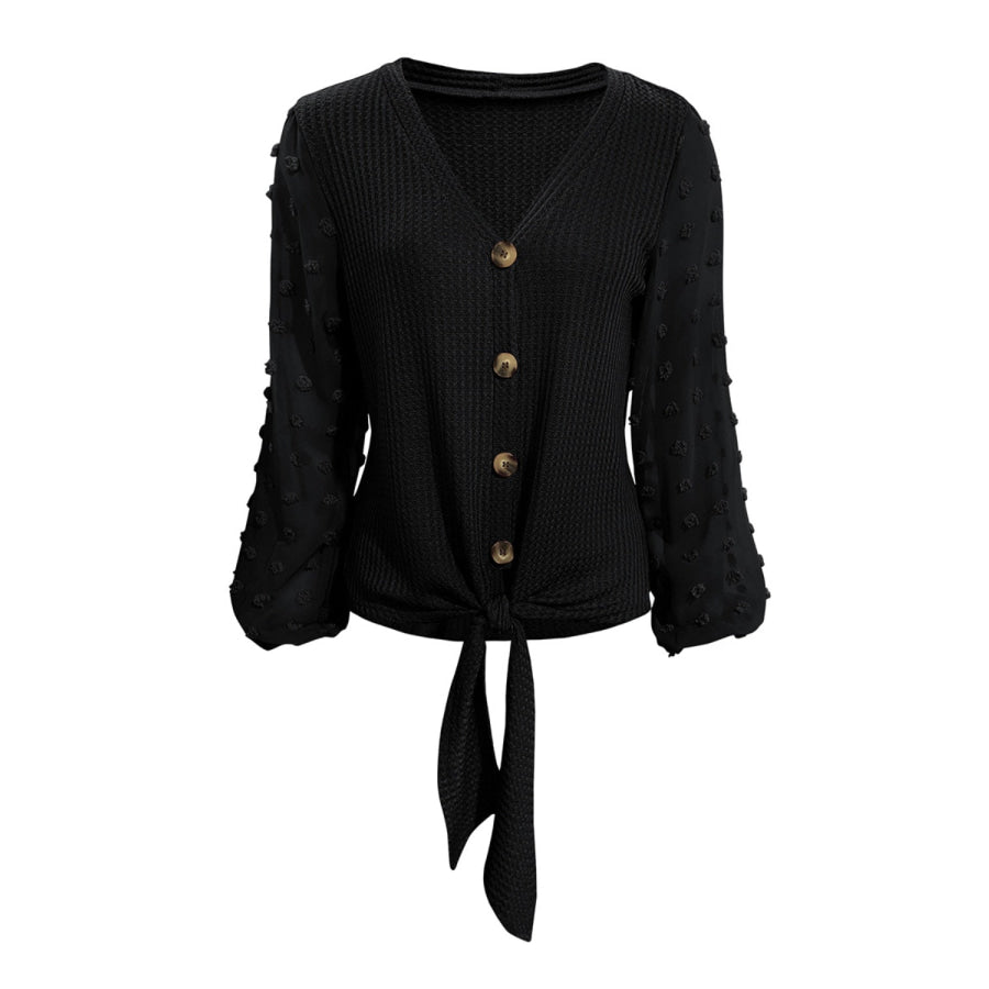 Tied Swiss Dot V-Neck Long Sleeve Blouse Apparel and Accessories