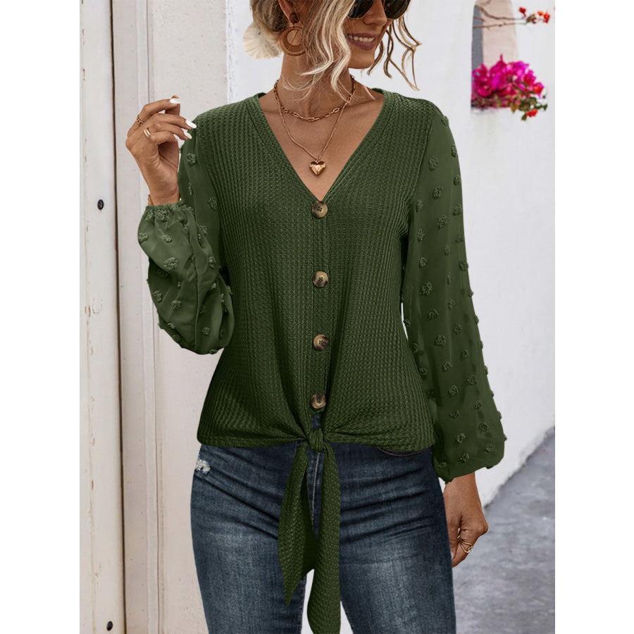 Tied Swiss Dot V-Neck Long Sleeve Blouse Army Green / S Apparel and Accessories