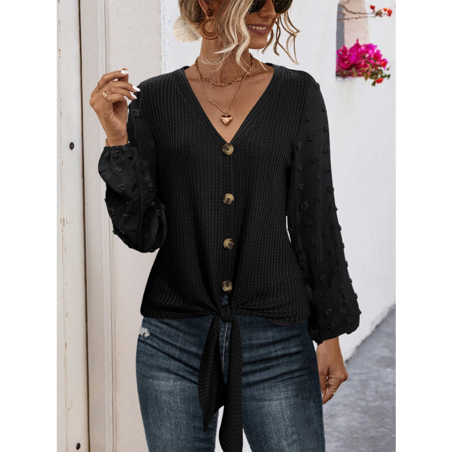 Tied Swiss Dot V-Neck Long Sleeve Blouse Black / S Apparel and Accessories