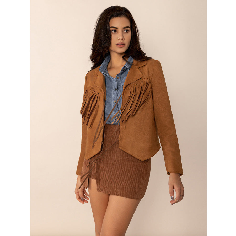 Tied Tassel Collared Neck Long Sleeve Jacket Caramel / S Apparel and Accessories