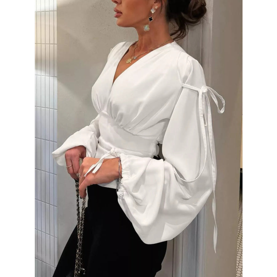 Tied V-Neck Balloon Sleeve Blouse Apparel and Accessories