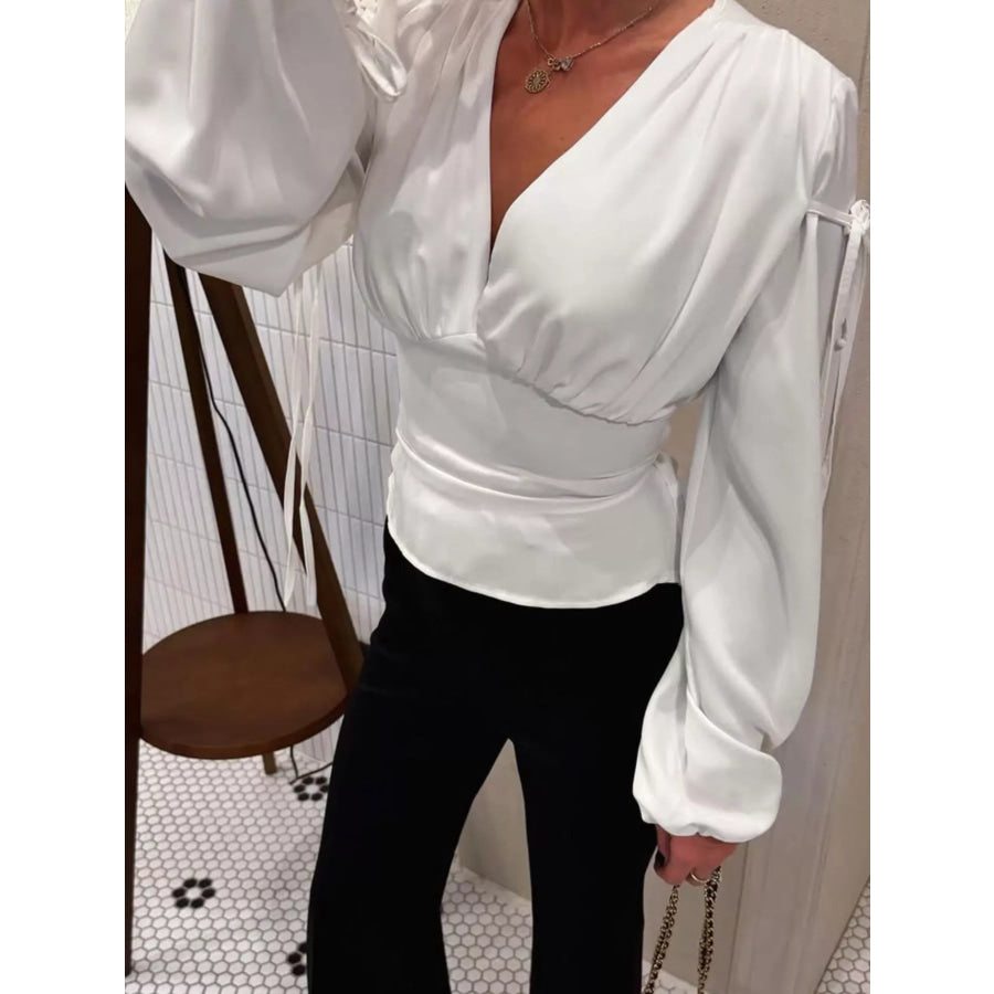 Tied V-Neck Balloon Sleeve Blouse Apparel and Accessories