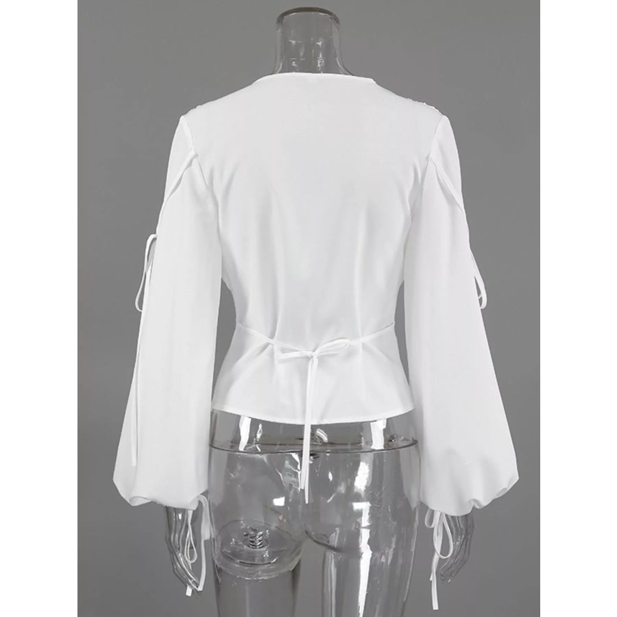 Tied V-Neck Balloon Sleeve Blouse Apparel and Accessories