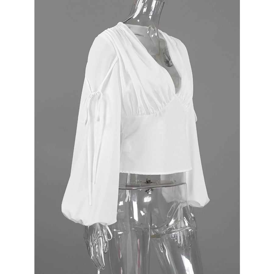 Tied V-Neck Balloon Sleeve Blouse Apparel and Accessories