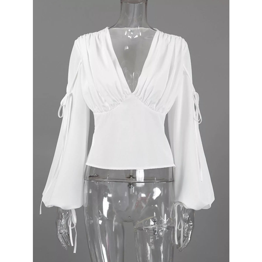 Tied V-Neck Balloon Sleeve Blouse Apparel and Accessories
