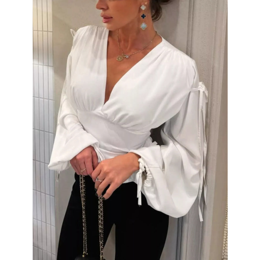 Tied V-Neck Balloon Sleeve Blouse Apparel and Accessories
