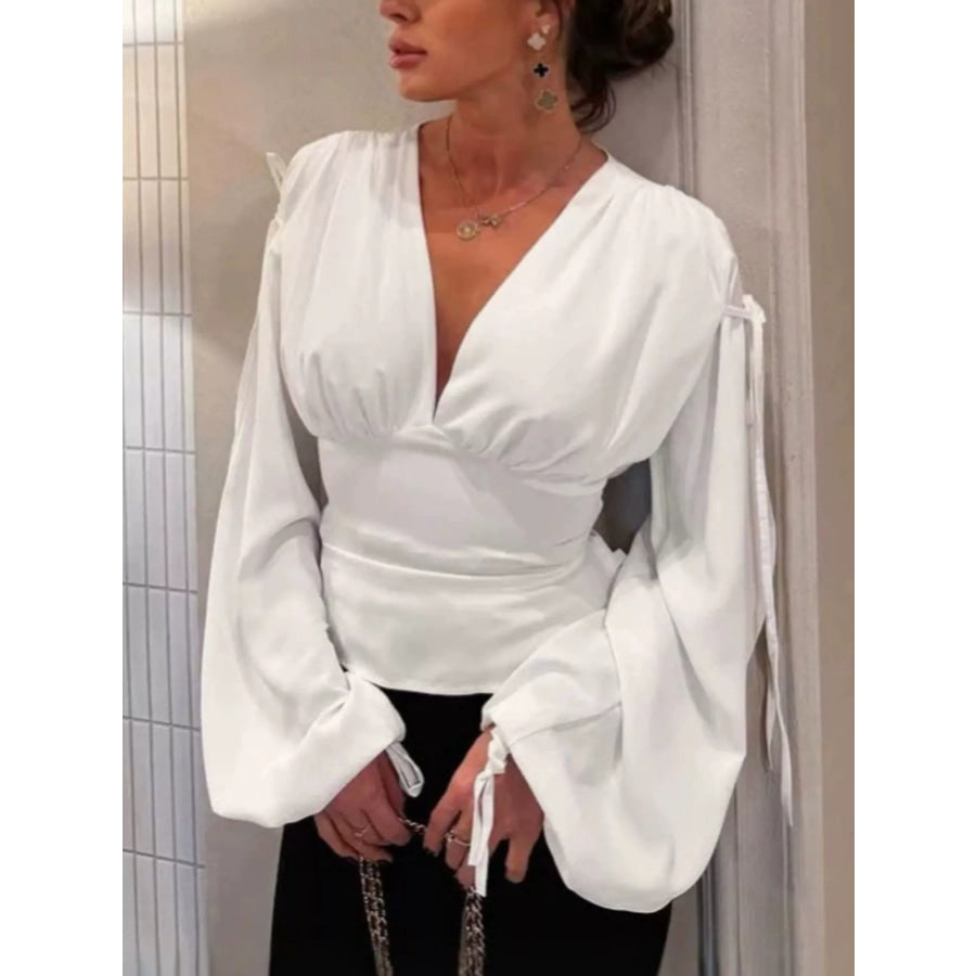 Tied V-Neck Balloon Sleeve Blouse Apparel and Accessories