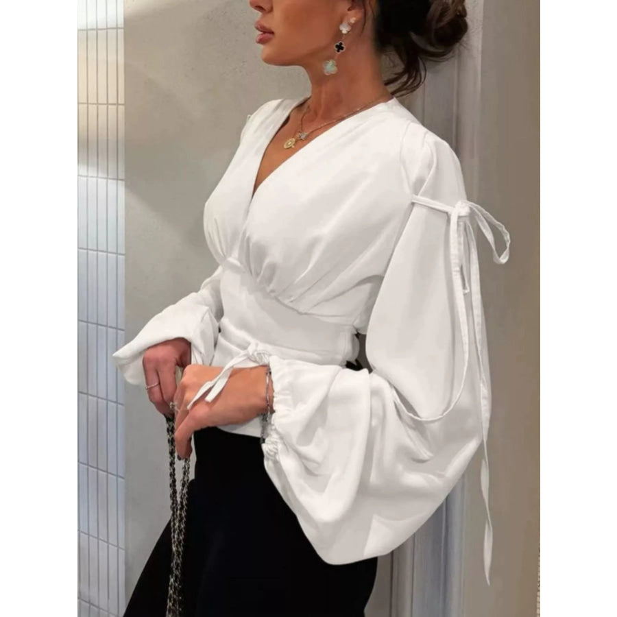 Tied V-Neck Balloon Sleeve Blouse White / S Apparel and Accessories