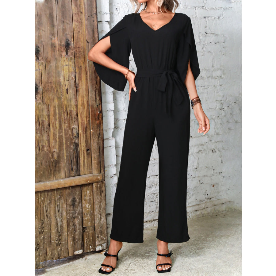 Tied V-Neck Half Sleeve Wide Leg Jumpsuit Apparel and Accessories