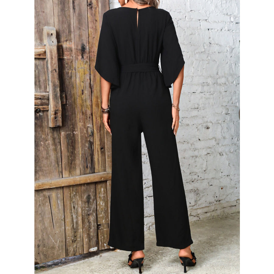 Tied V-Neck Half Sleeve Wide Leg Jumpsuit Black / S Apparel and Accessories