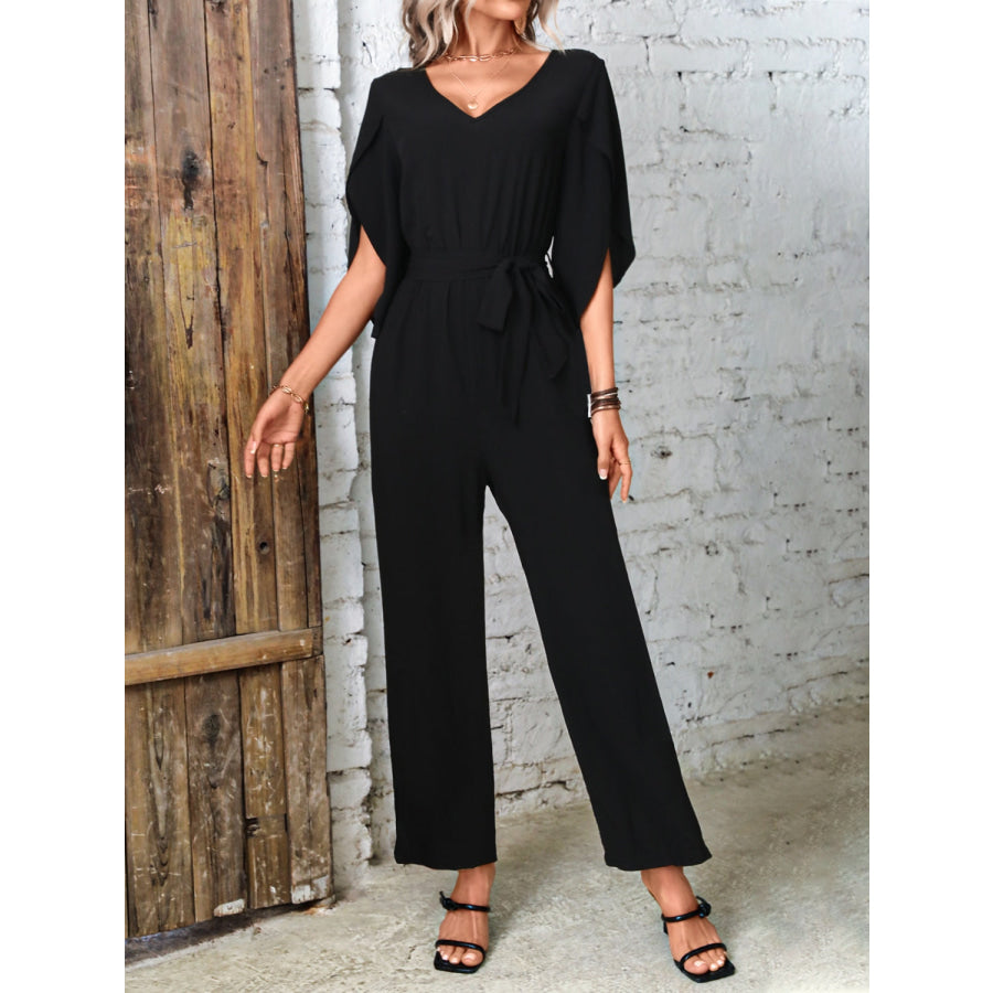 Tied V-Neck Half Sleeve Wide Leg Jumpsuit Apparel and Accessories