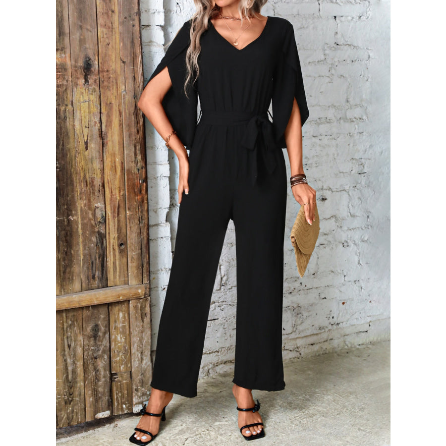 Tied V-Neck Half Sleeve Wide Leg Jumpsuit Black / S Apparel and Accessories