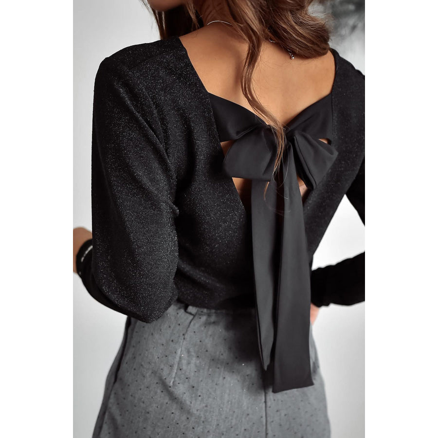 Tied V-Neck Long Sleeve Blouse Black / S Apparel and Accessories