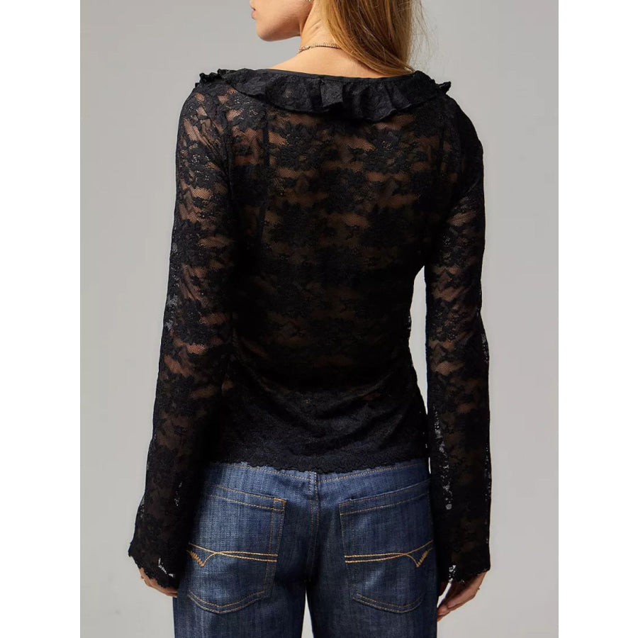 Tied V-Neck Long Sleeve Lace Shirt Apparel and Accessories