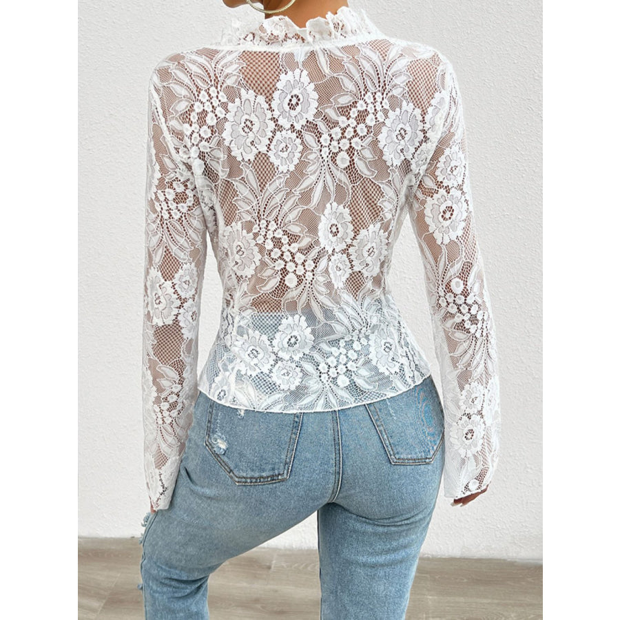 Tied V-Neck Long Sleeve Lace Top Apparel and Accessories